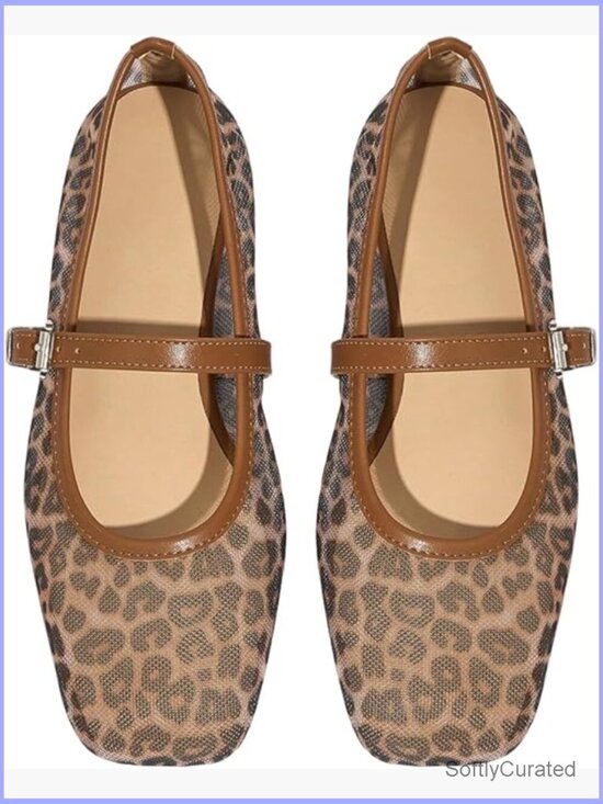 Shoes - Leopard Print Mary Jane Ballet Flats Square Toe Buckle Closure Comfortable